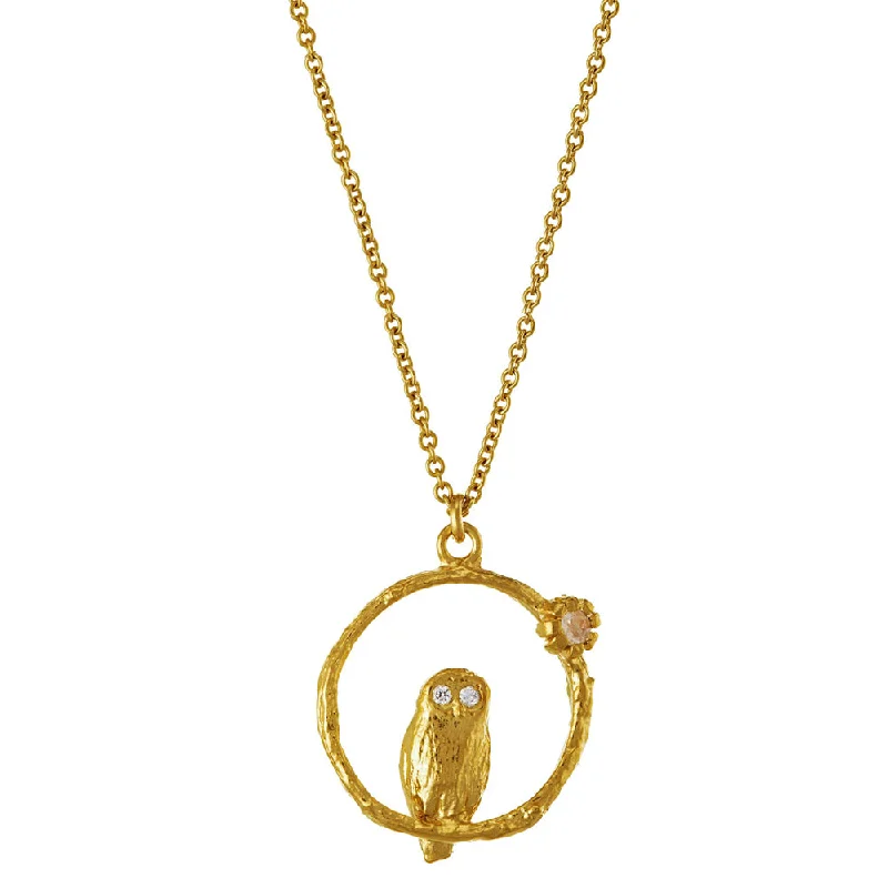 boho gold leaf ring Moonstone & Diamond Gold Vermeil Necklace - "Peering Owl"