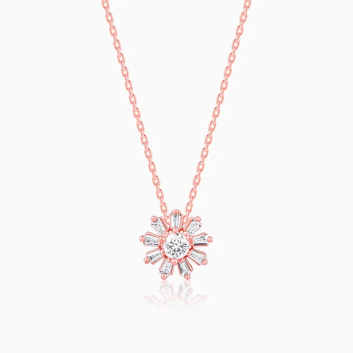 Rose Gold Baguette Flower Pendant with Link Chain