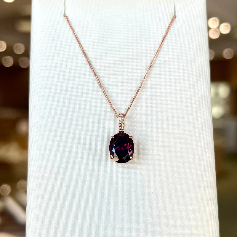 dainty feather charm necklace Rose Gold Oval Rhodolite Garnet Pendant