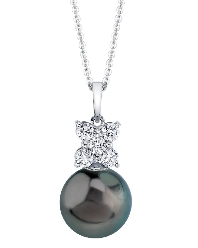 adjustable braided rope ring Tahitian South Sea Pearl & Diamond Dahlia Pendant