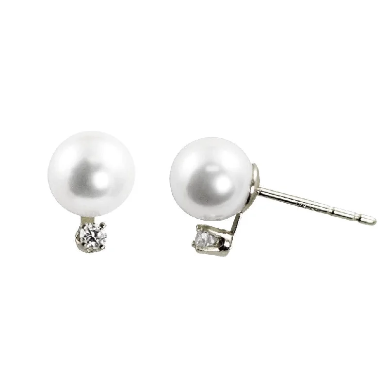 14K White 6 mm Fresh Water Pearl and Natural Diamond Earrings