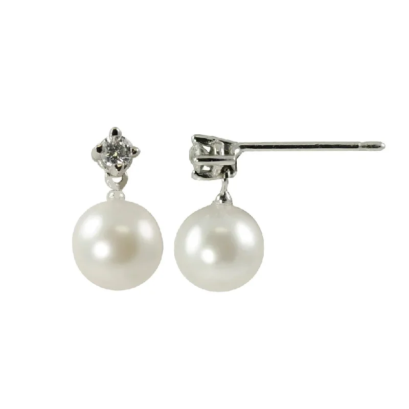 14K White 6 mm Fresh Water Pearl and Natural Diamond Earrings