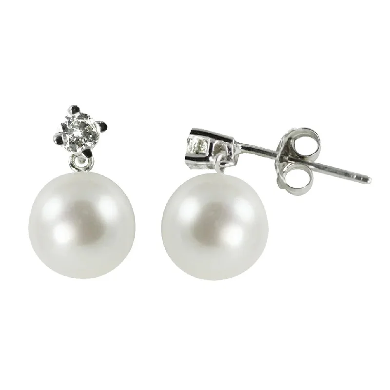 14K White 8 mm Akoya Pearl and Natural Diamond Earrings