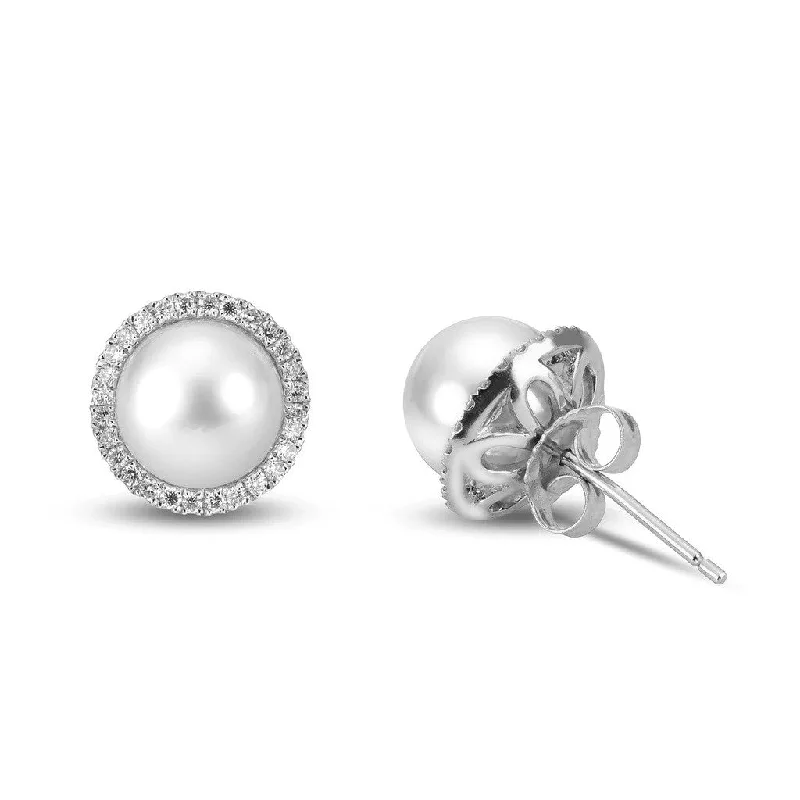 14K White 8 mm Akoya Pearl and Natural Diamond Earrings