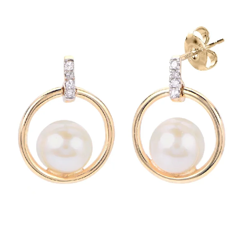 14K Yellow 5.5-6 mm Fresh Water Pearl and Natural Diamond Dangle Earrings