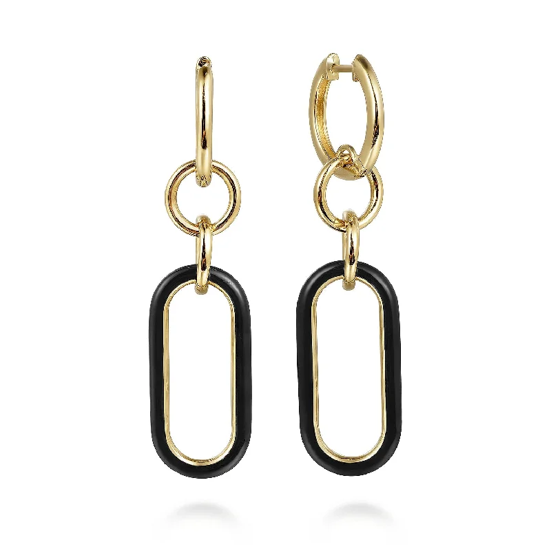 14K Yellow Open Link Black Enamel Earrings