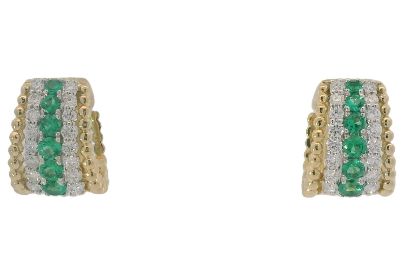 18K Yellow & White Emerald and Natural Diamond Huggie Earrings