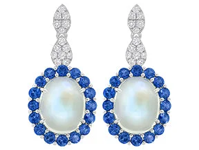 18K White Moonstone, Sapphire and Natural Diamond Drop Earrings