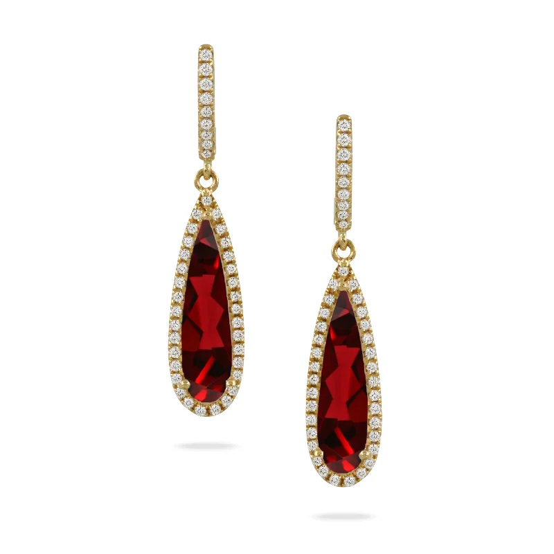 18K Yellow Red Garnet and Natural Diamond Dangle Earrings