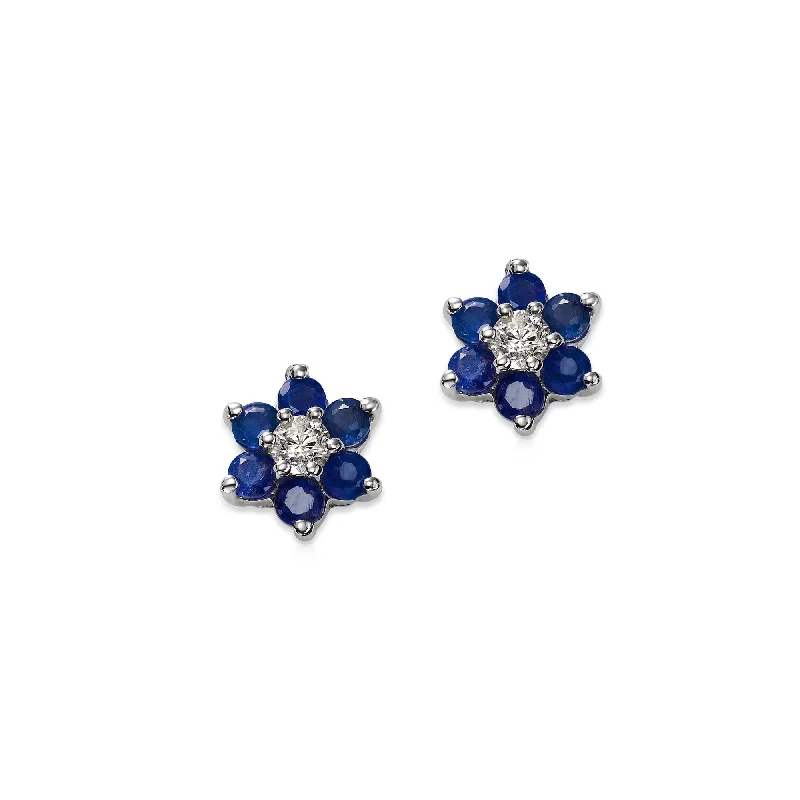 sterling silver herringbone chain Blue Sapphire and Diamond Flower Earrings, 14K White Gold sterling silver herringbone chain Blue Sapphire and Diamond Flower Earrings, 14K White Gold