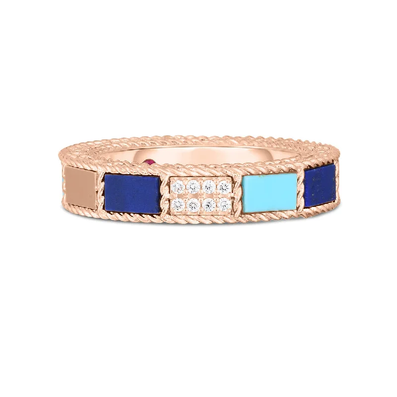 18K Rose Gold Mosaic Alternating Blue Lapis, Diamond and Turquoise Ring