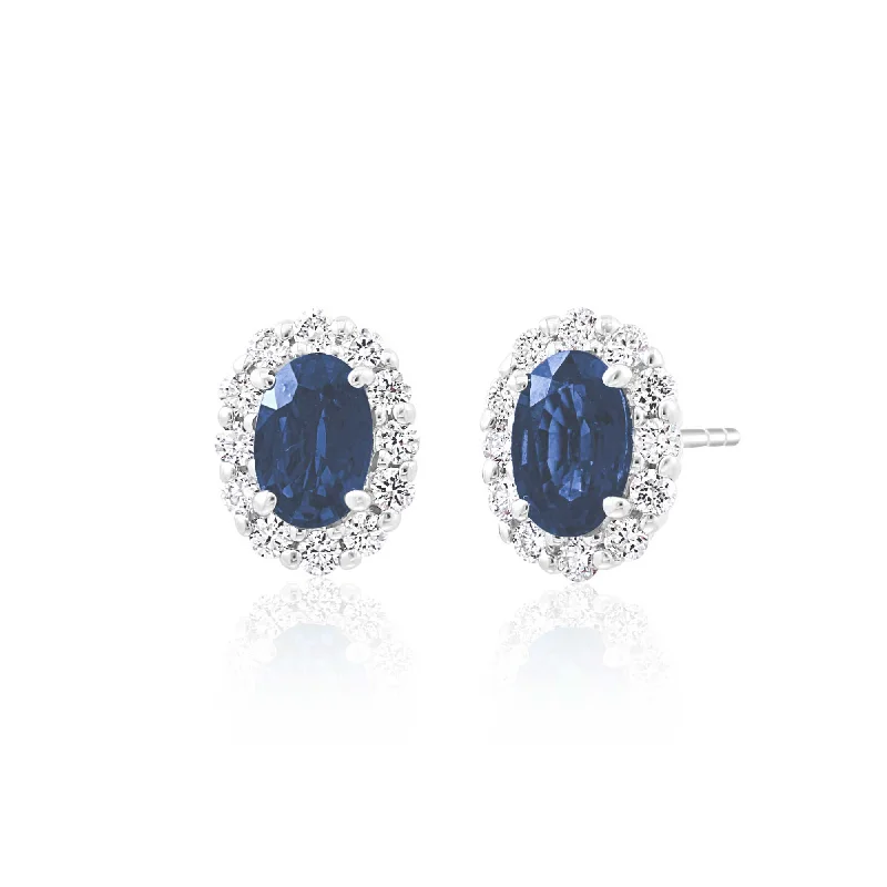 minimal gold ring stack Oval Sapphire and Diamond Earrings, 14K White Gold