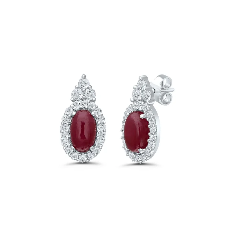 silver lotus flower earrings Ruby Cabochon and Diamond Earrings, 14K White Gold