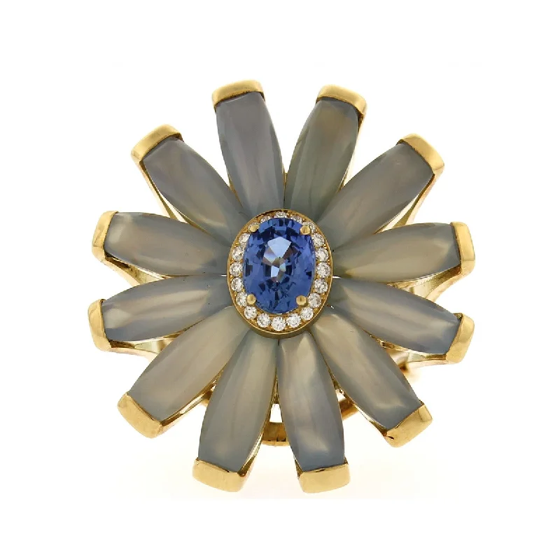 gold-plated snake chain bracelet Sapphire, Chalcedony and Diamond Flower Ring