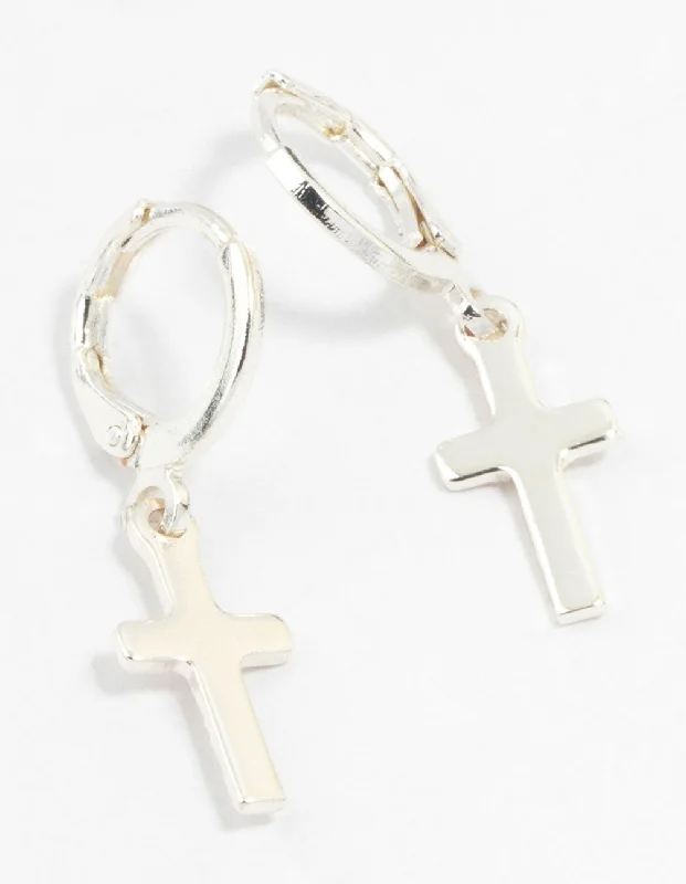 vintage floral engagement ring Silver Plain Cross Huggie Earrings
