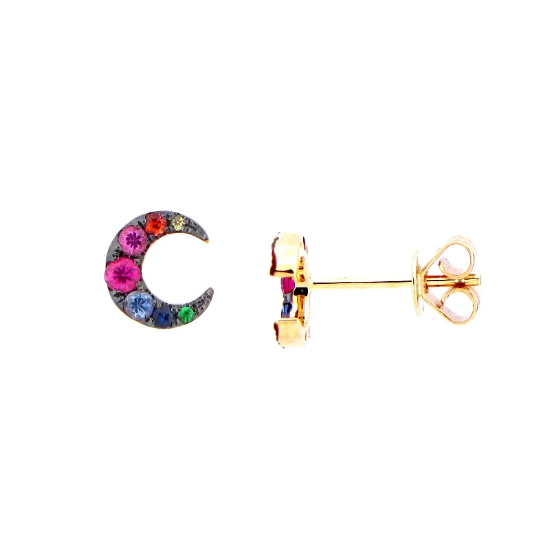 simple sapphire wedding band Tiny Gemstone Crescent Moon Earrings, 14K Yellow Gold