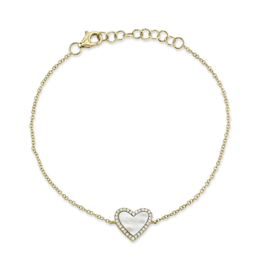 14K Yellow Gold Mother of Pearl and Diamond Heart Bracelet