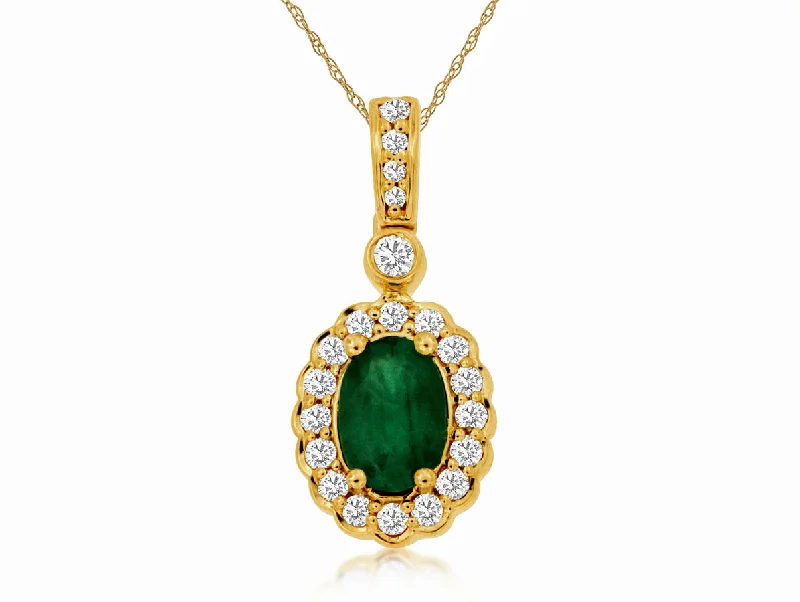 14KY .70 CT EMERALD AND DIAMOND PENDANT, .25 CTTW