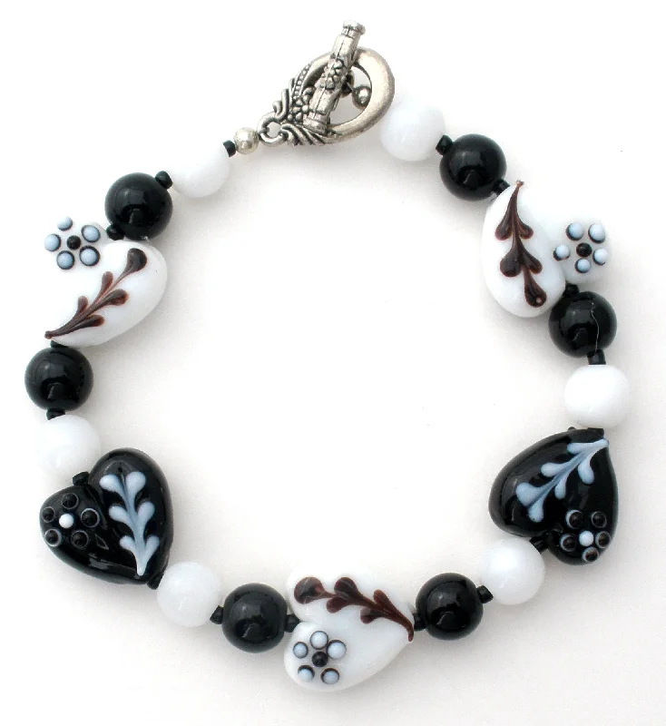 handmade gold nugget ring Black & White Flower Lampwork Bead Bracelet