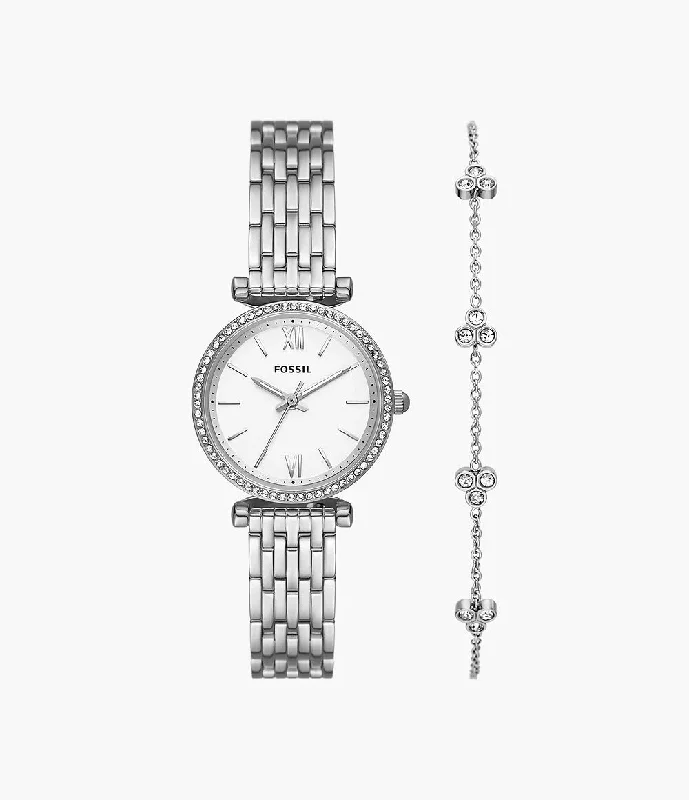 waterproof beach anklet stainless steel Fossil Carlie Three-Hand Stainless Steel Watch and Bracelet Gift Set