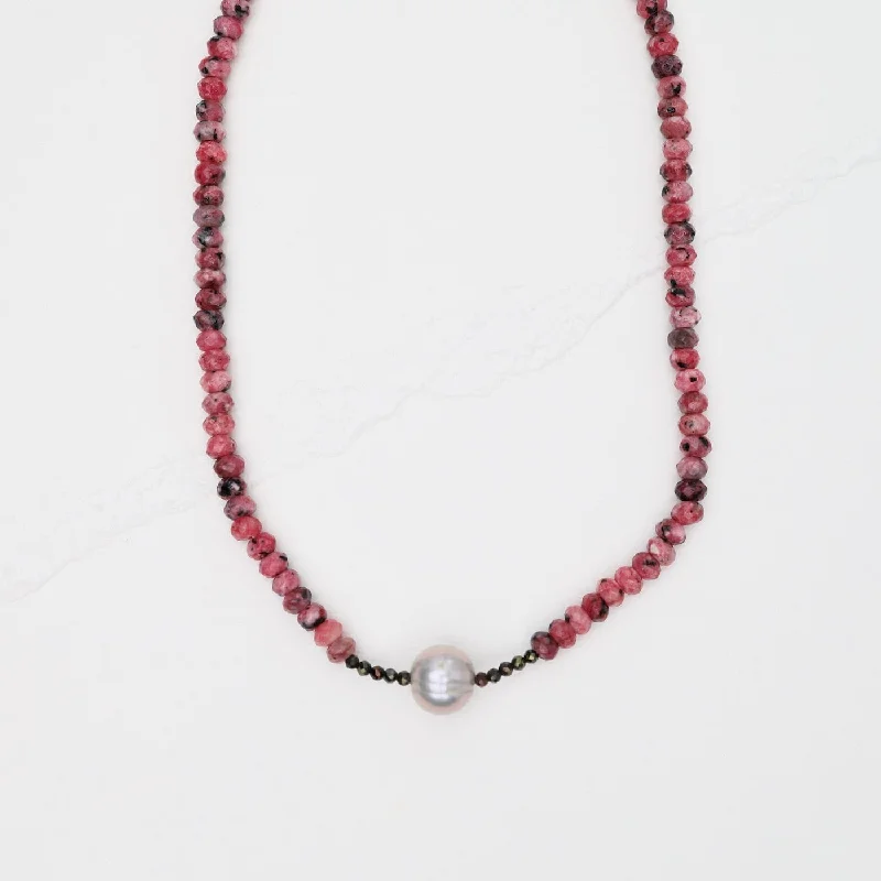 Rhodochrosite with Grey Pearl Necklace