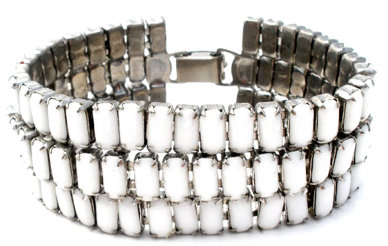 simple snake chain necklace White Milk Glass Rhinestone Bracelet Vintage