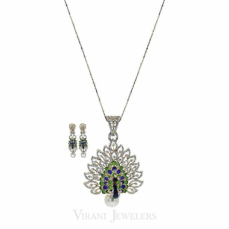 bold gothic vampire ring Peacock Diamond Pendant Necklace & Earring Set in 18K Gold W/ 4.51CT Round Diamonds